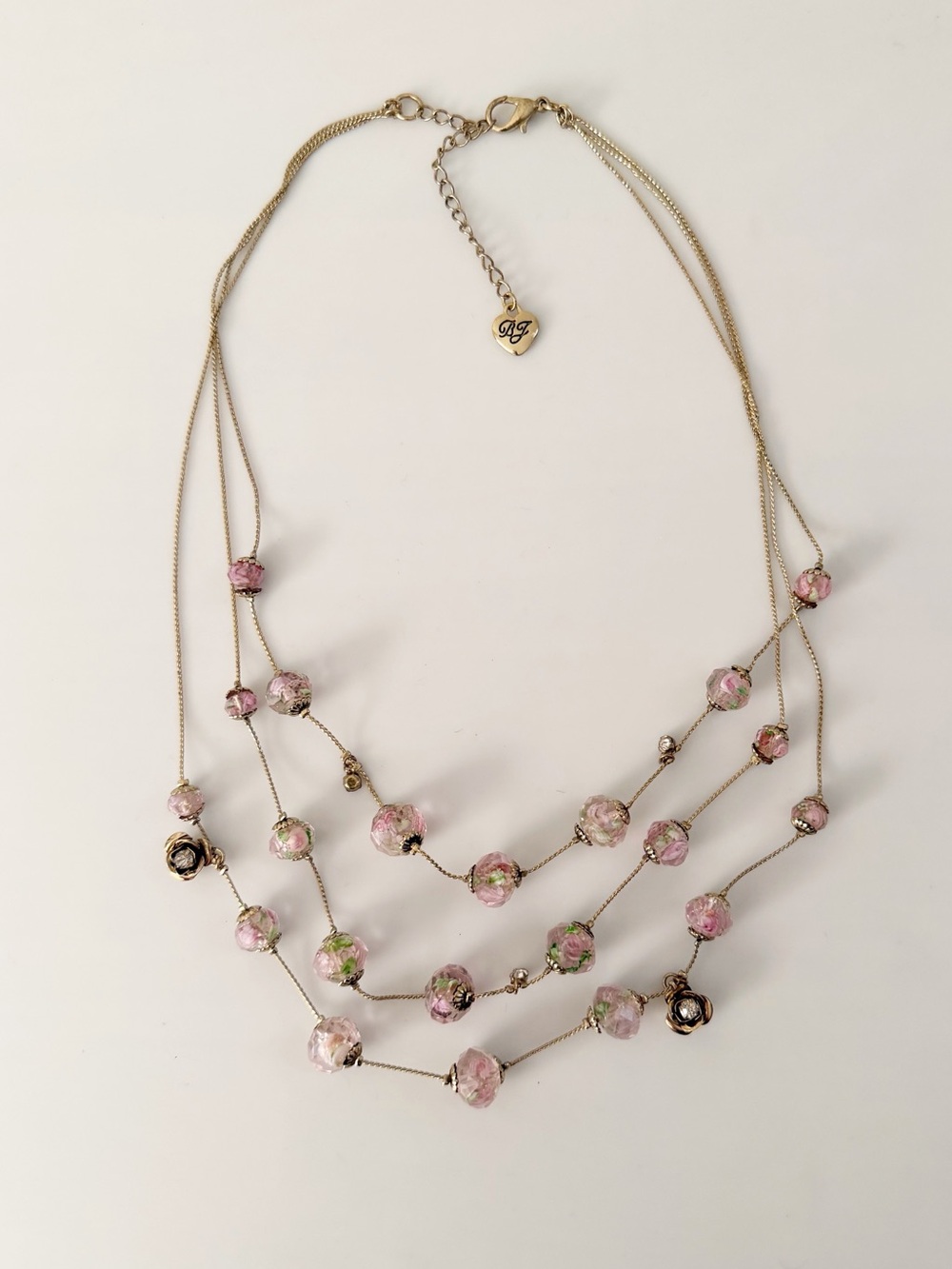 Betsey Johnson Multiple Strand Layer Pink Clear Flower Beads Gold Tone Necklace